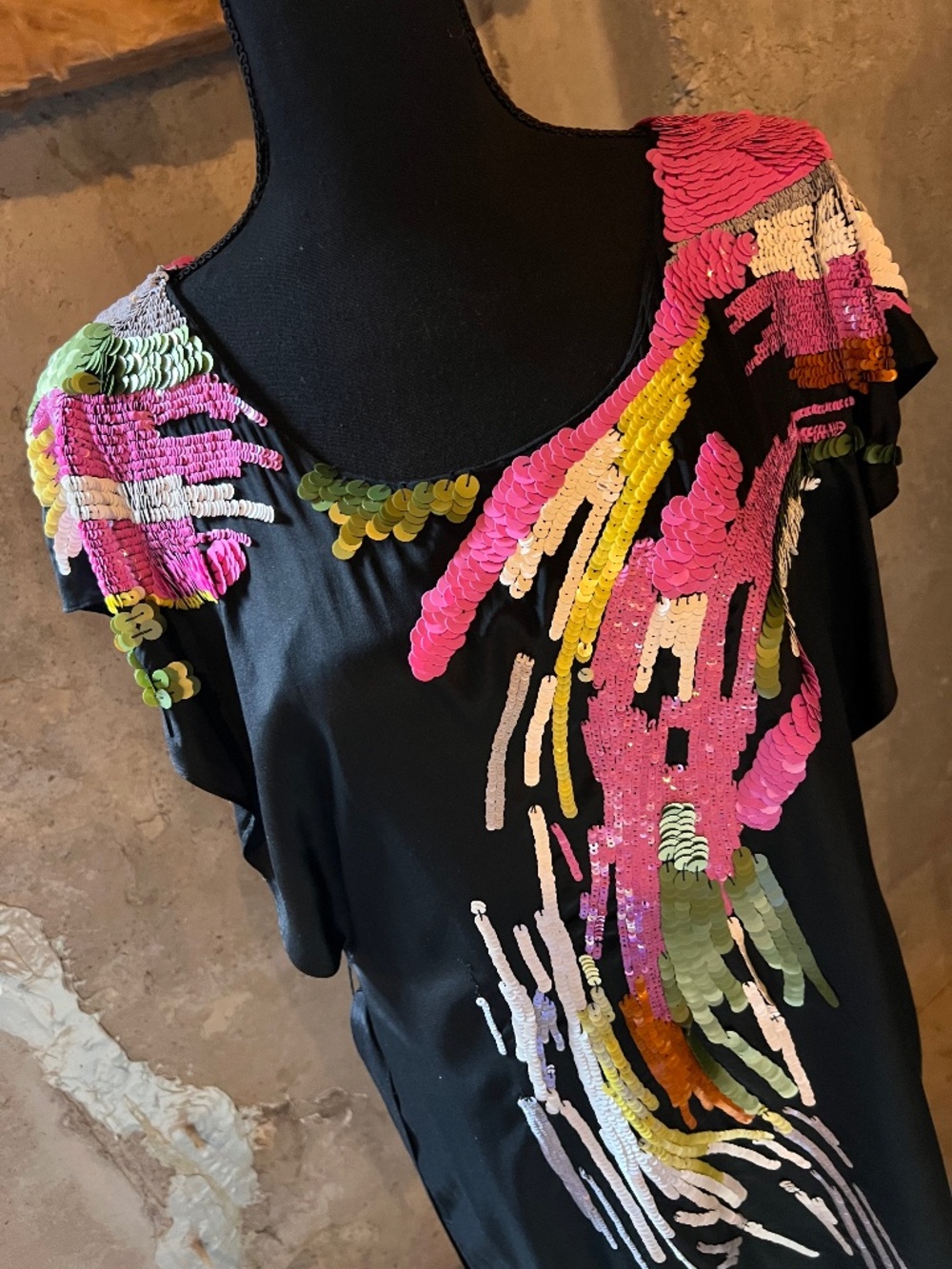 Yoana Baraschi Black Silk Rainbow Sequin Cocktail Shift Dress